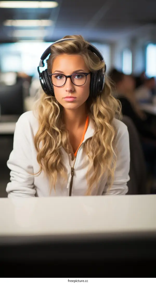 A Blonde Woman Wearing Glasses and Headphones Sits at a Computer Desk