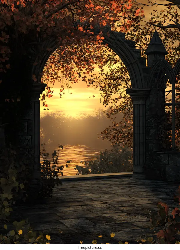 Stone Archway View Of Sunset Over The Lake