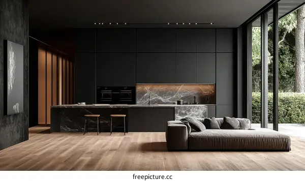 Modern Dark Kitchen Living Room Design