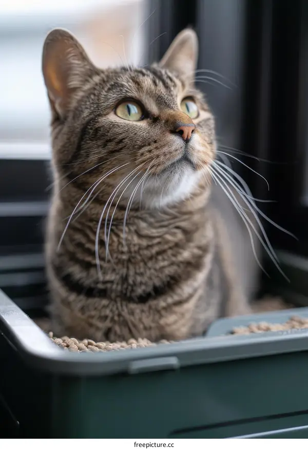 A ginger cat sitting in a litter box looking up