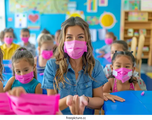 Teacher and students wearing pink masks in classroom