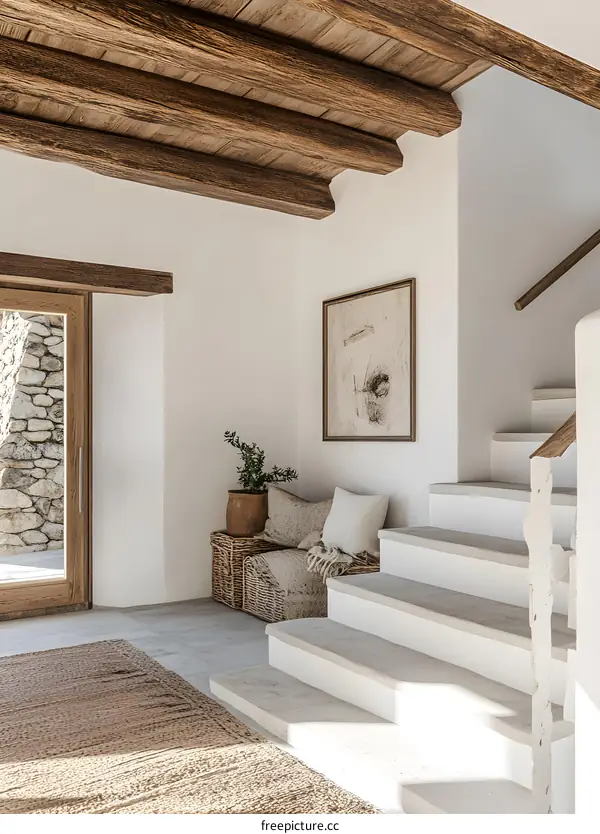 White Staircase and Wicker Bench in Minimalist Interior Design