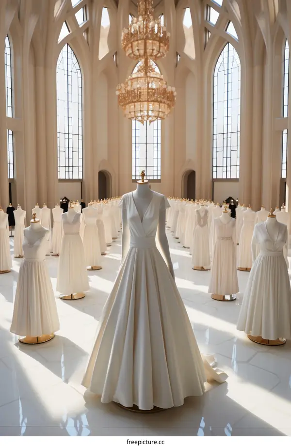 A large number of white wedding dresses are displayed in the hall