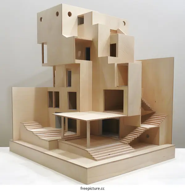 Modern Wooden Model of a Multilevel Building with Stairs