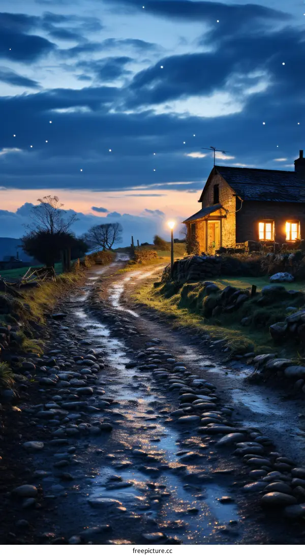 Stone Cottage at Dusk with Starry Night Sky