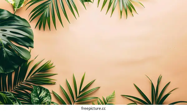 Tropical Leaves Frame On Beige Background