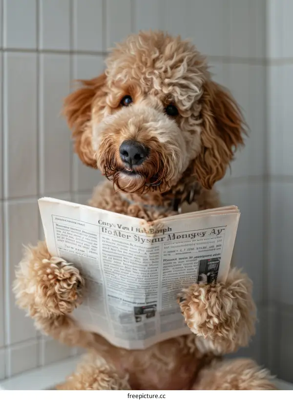 Golden Doodle Dog Reading Newspaper