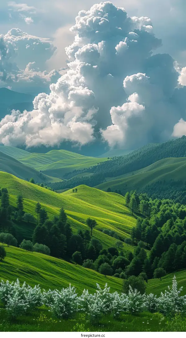 Rolling Green Hills with Clouds and Fir Trees