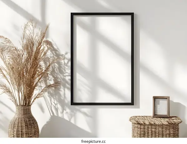 Empty Frame Mockup with Dried Flowers and Wicker Basket