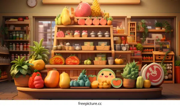 Colorful grocery store shelves with a variety of fruits and vegetables