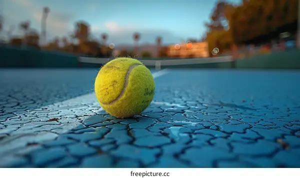 Tennis Ball on a Court at Sunset