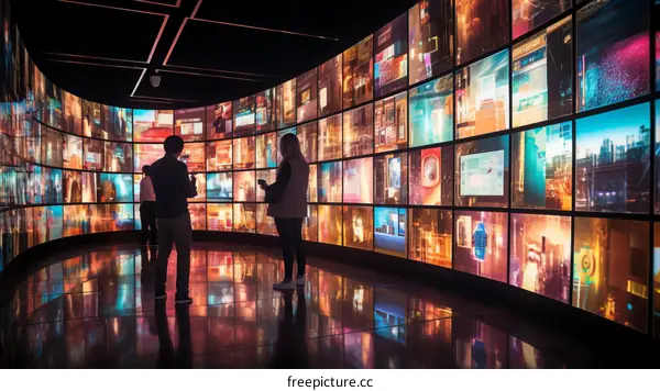 People looking at digital screens in a curved room