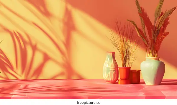 Minimalist Still Life with Vases and Dried Flowers on a Pink Table