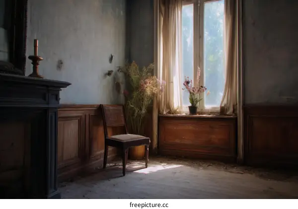 Abandoned Interior with Sunlight and Dried Flowers