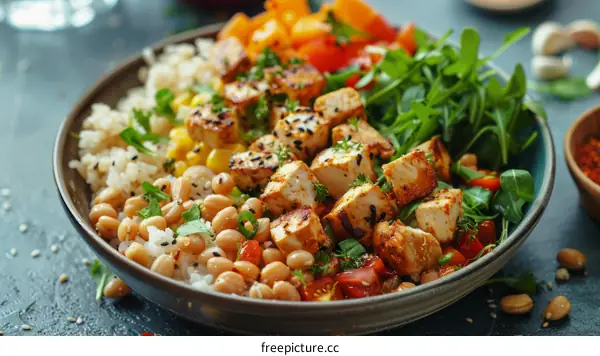 Healthy Vegan Buddha Bowl with Tofu, Beans, Rice, and Vegetables