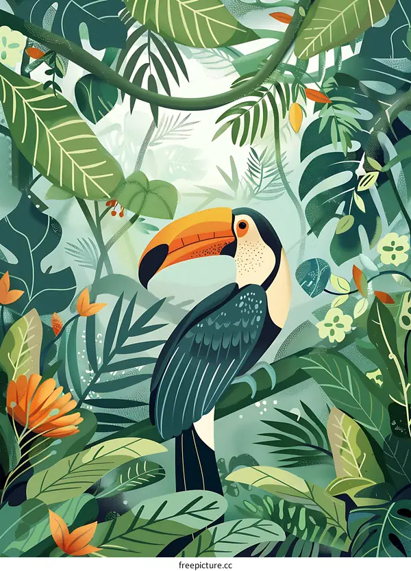 Toucan Bird in Lush Tropical Rainforest Illustration