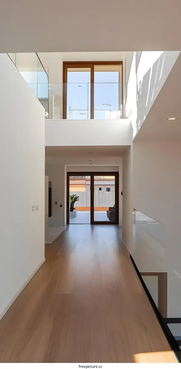 Modern Interior Design of a Home with Glass Railings and Wooden Floor