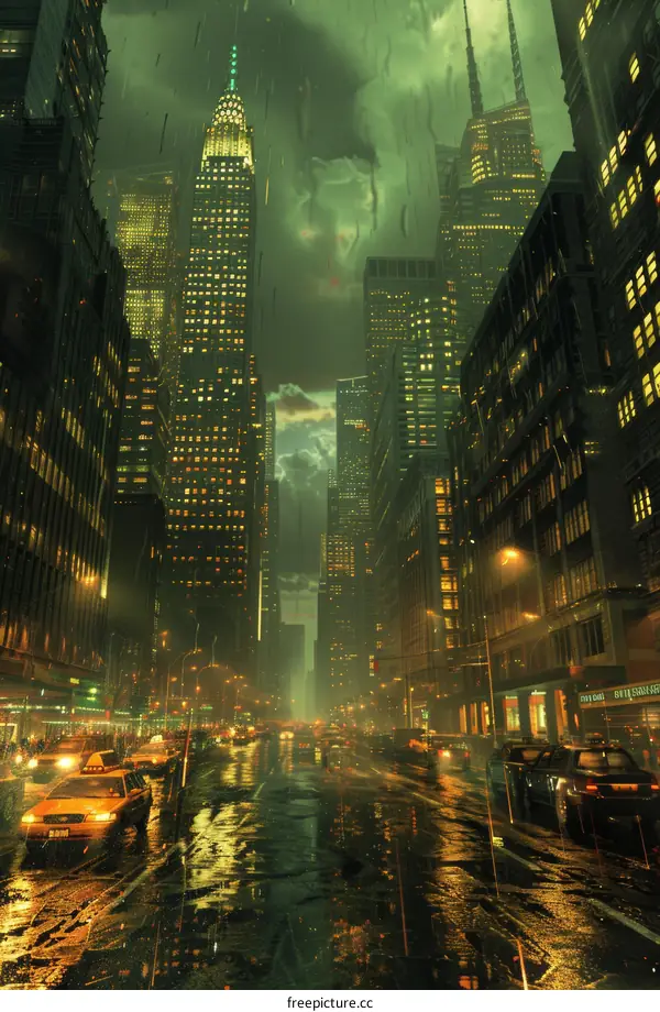 Rainy Metropolis Night Scene with Cars