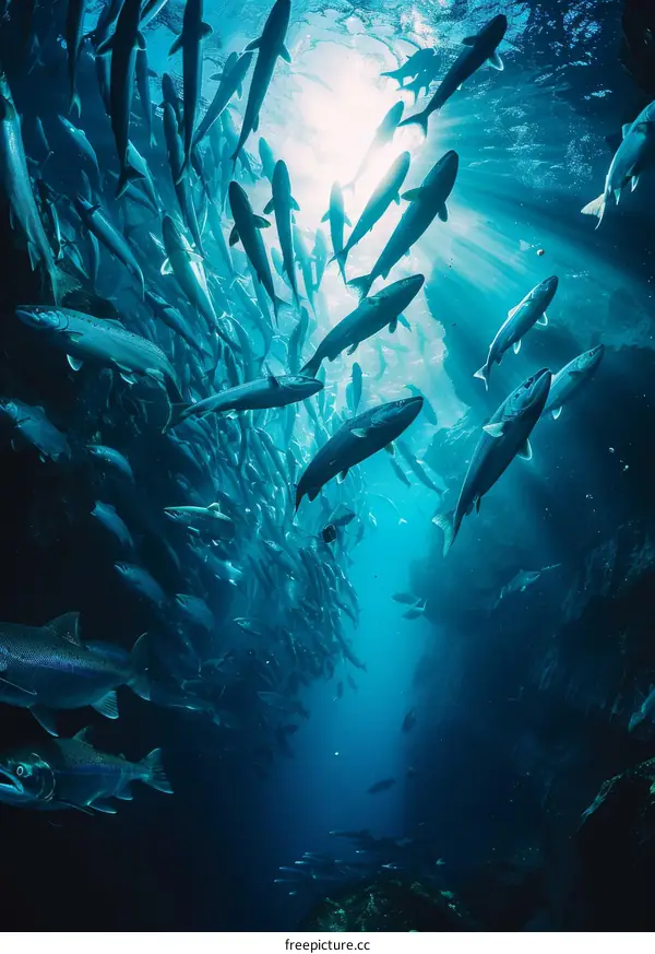 A large school of fish swim in a deep blue sea