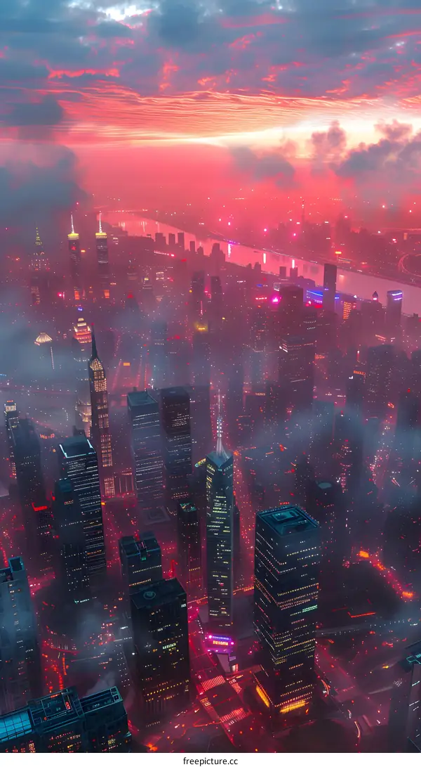 A cyberpunk city with skyscrapers and a river running through it.