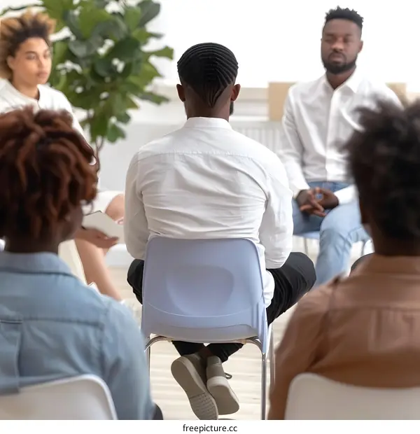 Back View of African American Man Sitting in a Group Therapy Session