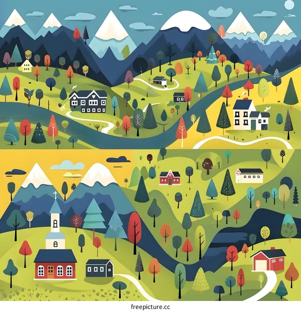 Mountain Village Landscape Illustration