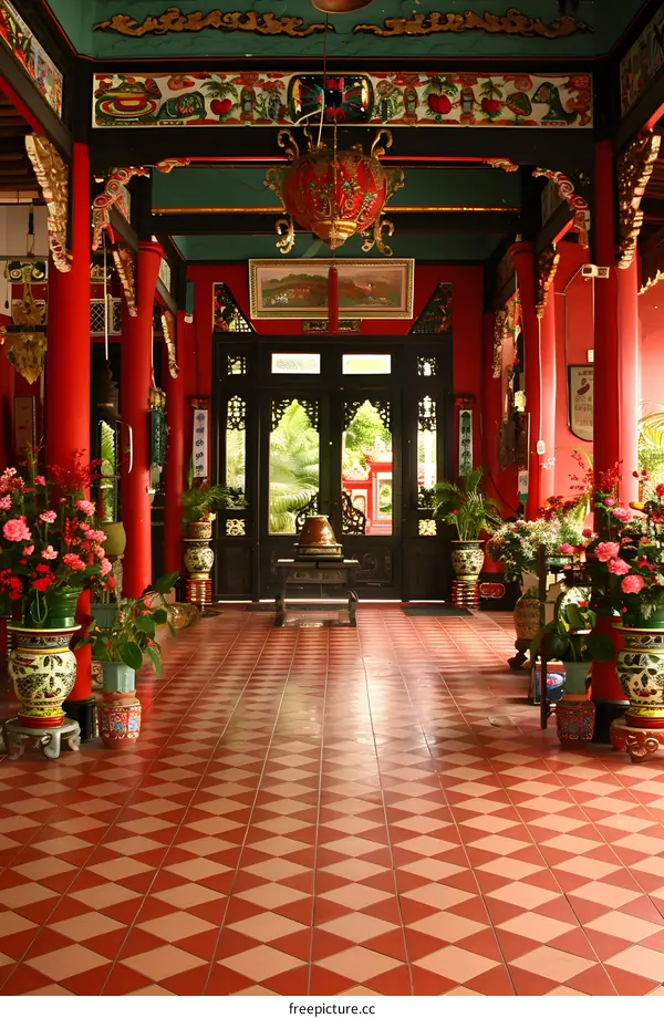 Chinese courtyard with red columns and colorful decorations