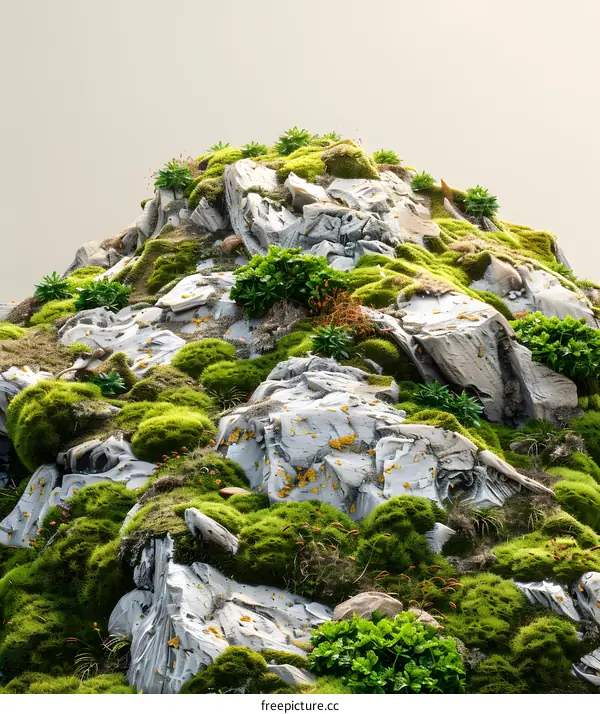 Green Moss Growing On Grey Rocks