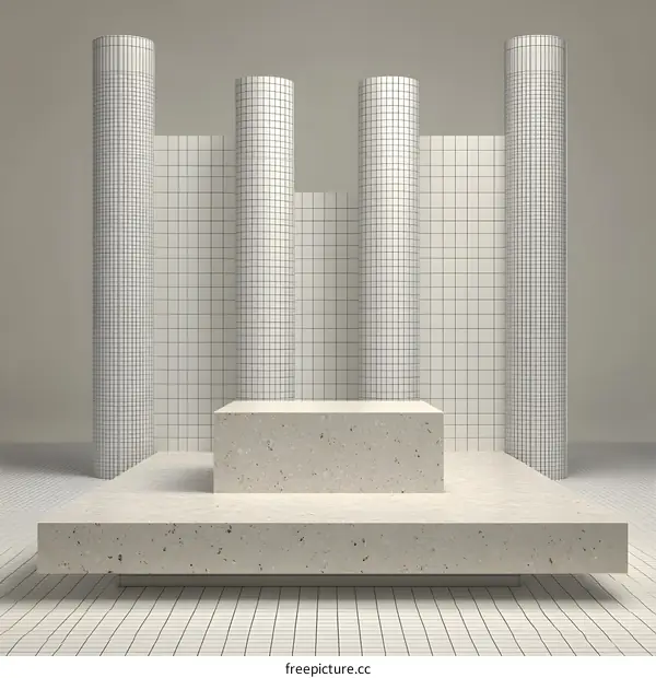 Minimalist 3D Render of Stone Podium with Cylinders and Checkered Wall