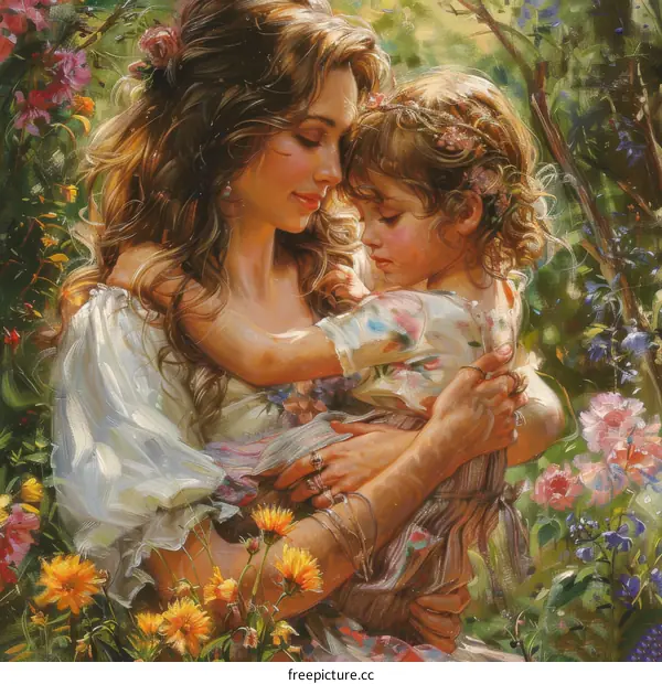 A Loving Embrace of Mother and Daughter in a Floral Garden