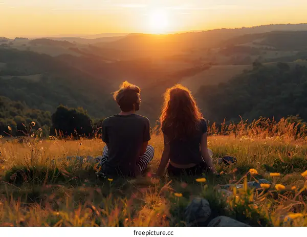 couple watching the sunset on a hill