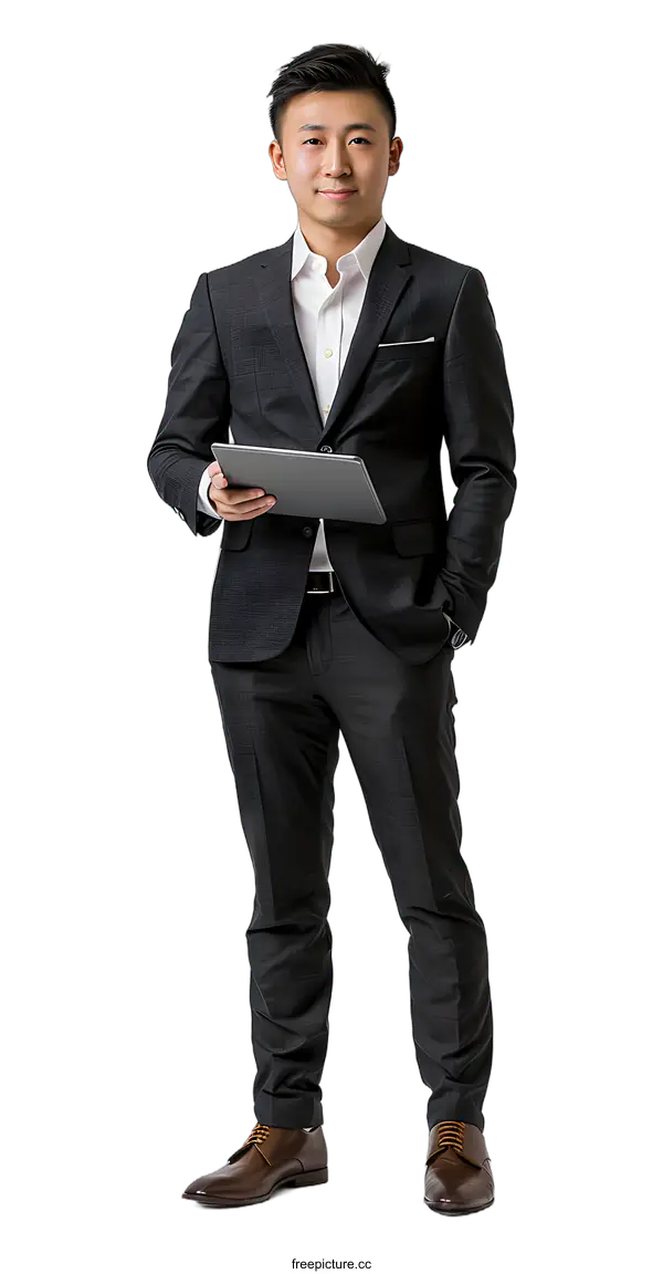 [Transparent Background PNG]Businessman in a suit holding a tablet