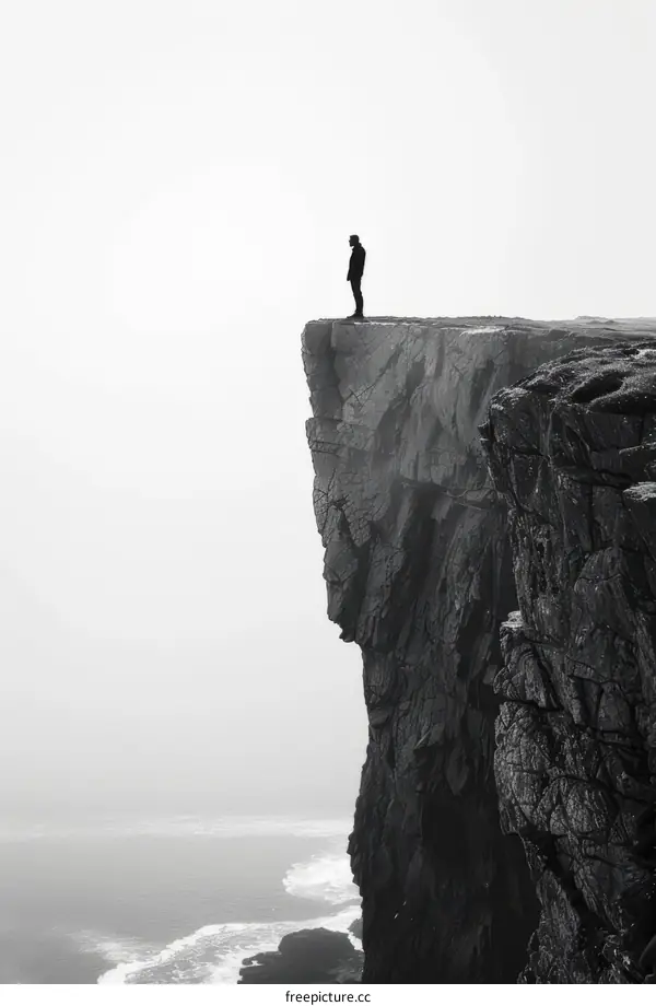 Man standing alone on a cliff overlooking the ocean