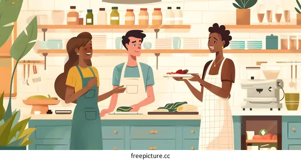 Three Friends Cooking Together in a Kitchen