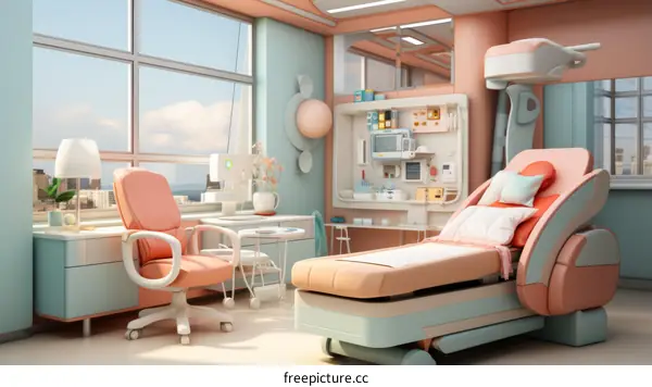 Modern Hospital Room with Bed, Chair, and Desk