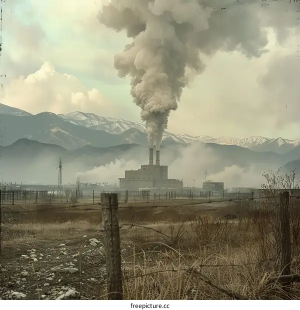 An industrial area with a large factory emitting smoke into the atmosphere