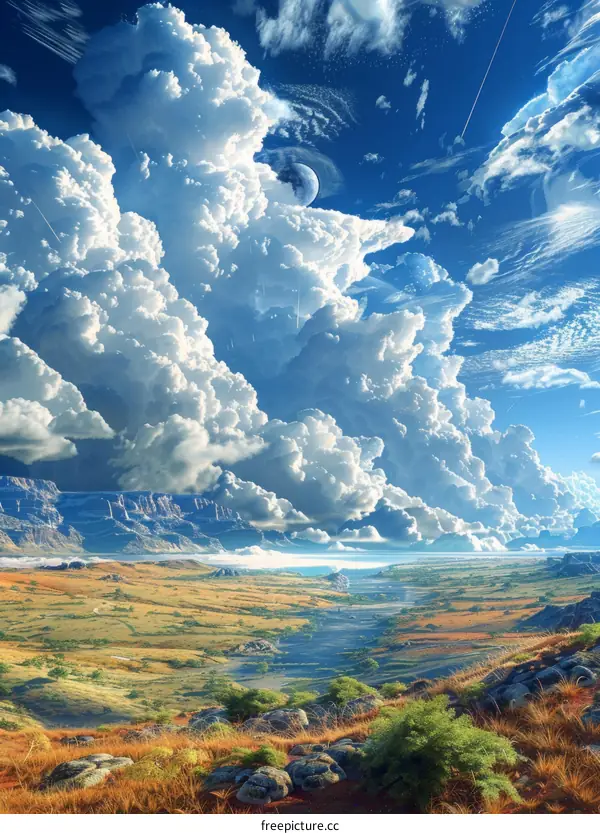 Dreamy Fantasy Landscape with Azure Sky and Luminescent Clouds