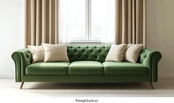 Elegant Green Velvet Sofa in a Modern Living Room