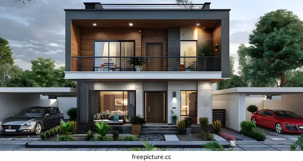 A modern two-story house with a balcony, a garage, and a beautiful yard