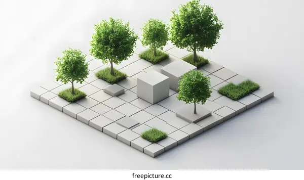 Minimalist 3D Render of a Green Park with Trees and Grass