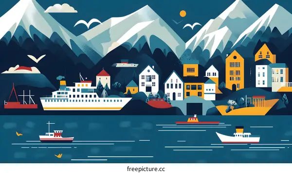 Mountain Village Landscape With Sea And Ships Illustration