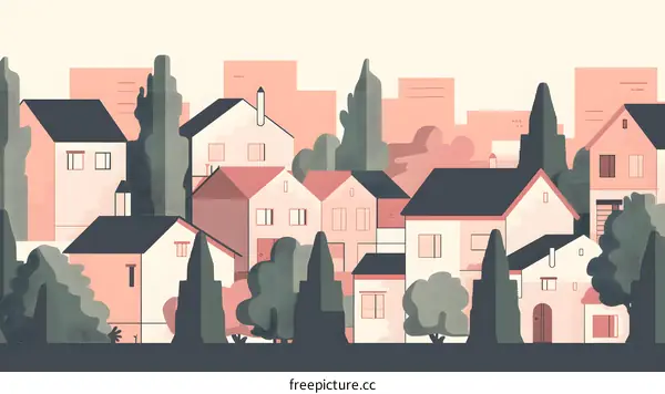 Minimalist Illustration Of A City Skyline With Houses And Trees