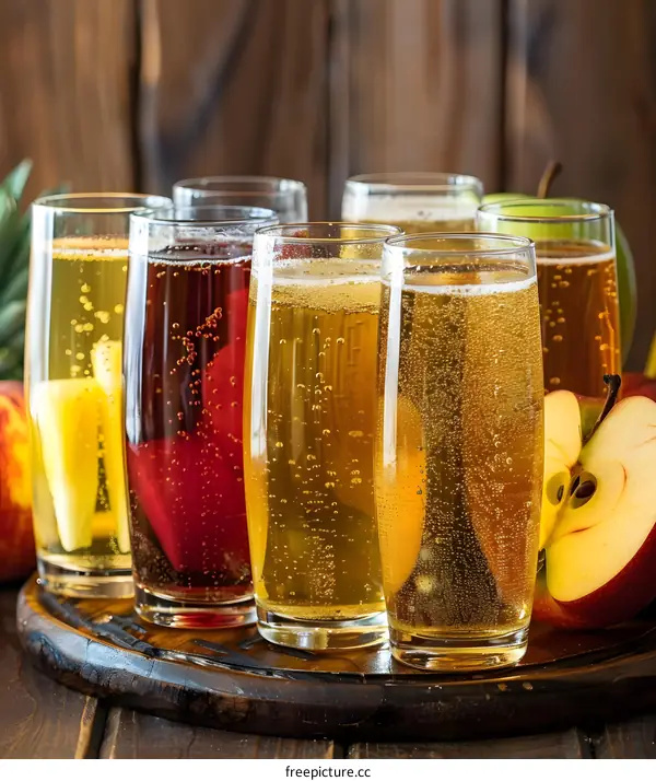 Sparkling Apple Cider in Glasses with Sliced Apples