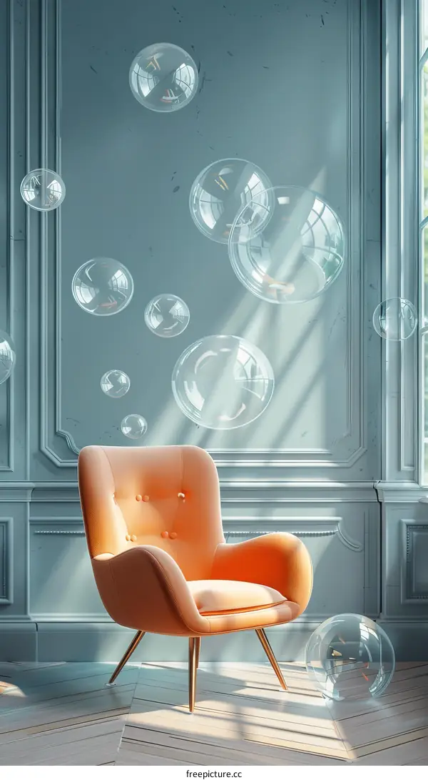 Orange Armchair with Floating Bubbles by Window