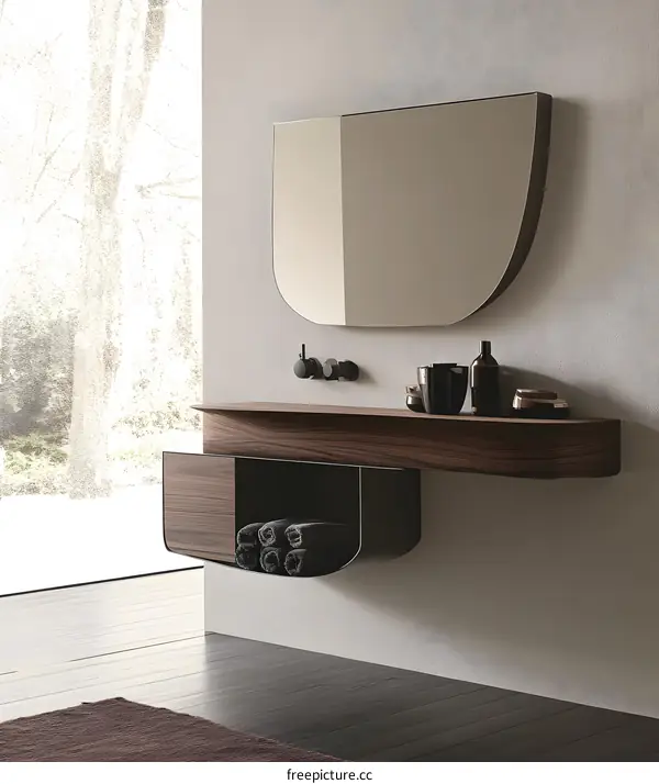 Modern Bathroom Design with Unique Curved Mirror and Shelf