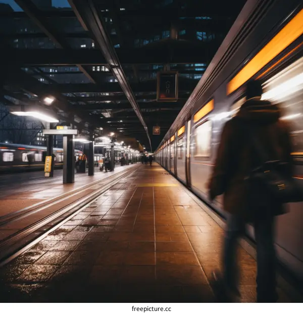 Motion blur image of a person walking on a subway platform with a train in the background
