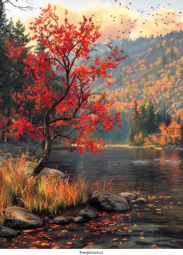 Tranquil Autumn Lake Scenery with Vibrant Red Tree and Mountains in the Background
