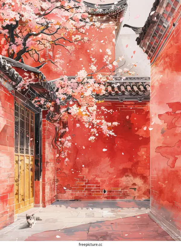 A peaceful alley with a pink wall and cherry blossoms