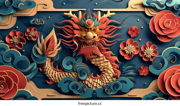 A 3D illustration of a golden dragon with red and blue details against a blue background with red and pink flowers and clouds