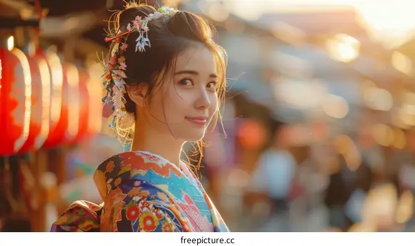 Portrait of a beautiful Japanese woman in traditional kimono smiling at the camera with blurred background